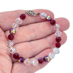 Estate Sterling Silver 925 Red Crystal Beaded Bracelet 7.25"